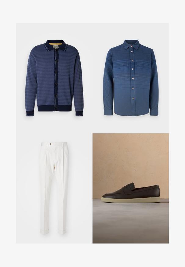 Marineblauwe gebreide cardigan met een gestructureerd patroon, kraag, knoopsluiting aan de voorkant en contrasterende accenten langs de knoopsluiting en manchetten.; Blauw patroonhemd met lange mouwen, knopen, kraag en borstzakken, afgebeeld tegen een effen witte achtergrond.; Witte, op maat gemaakte broeken met een platte voorkant, twee plooien en omgeslagen pijpen. Gemaakt van een gladde stof met een knoopsluiting in de taille.; Donkerbruine lederen loafer met een crèmekleurige zool die boven een beige, gestructureerd tapijt zweeft, met een ronde houten tafel en gestapelde boeken op de achtergrond.