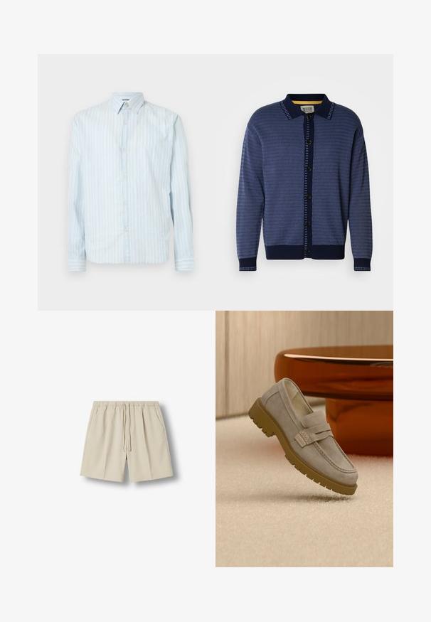 Marineblauwe gebreide cardigan met een gestructureerd patroon, kraag, knoopsluiting aan de voorkant en contrasterende accenten langs de knoopsluiting en manchetten.; Lichtblauwe overhemdd met witte verticale strepen, klassieke kraag, lange mouwen en twee knoopaccenten op de mouwen.; Beige casual shorts met elastische tailleband en trekkoord, voorkant met zijzakken, plat gelegd op een witte achtergrond.; Lichtgrijze suède loafer met dikke bruine rubberen zool geplaatst op een beige tapijt voor een wazige bruine ronde tafel.