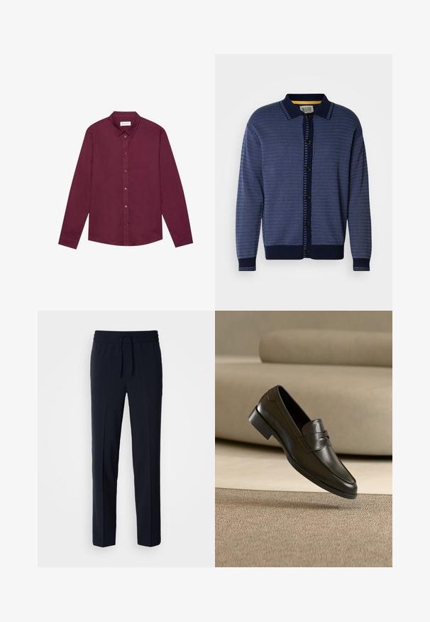 Marineblå strikket cardigan med tekstureret mønster, krave, knaplukning foran og kontrasterende detaljer langs knapstolpe og manchetter.; Langærmet skjorte i dyb bourgogne, lavet af bomuldsblanding. Har klassisk krave, frontknaplukning og en subtil glans.; Marineblå, letvægtsbukser med elastisk talje og justerbar snor, med lige pasform og glat tekstur.; Sort lædersko med slip-on design, svævende over beige tæppe med beige sofa i baggrunden, der fremhæver klassisk herrestil.