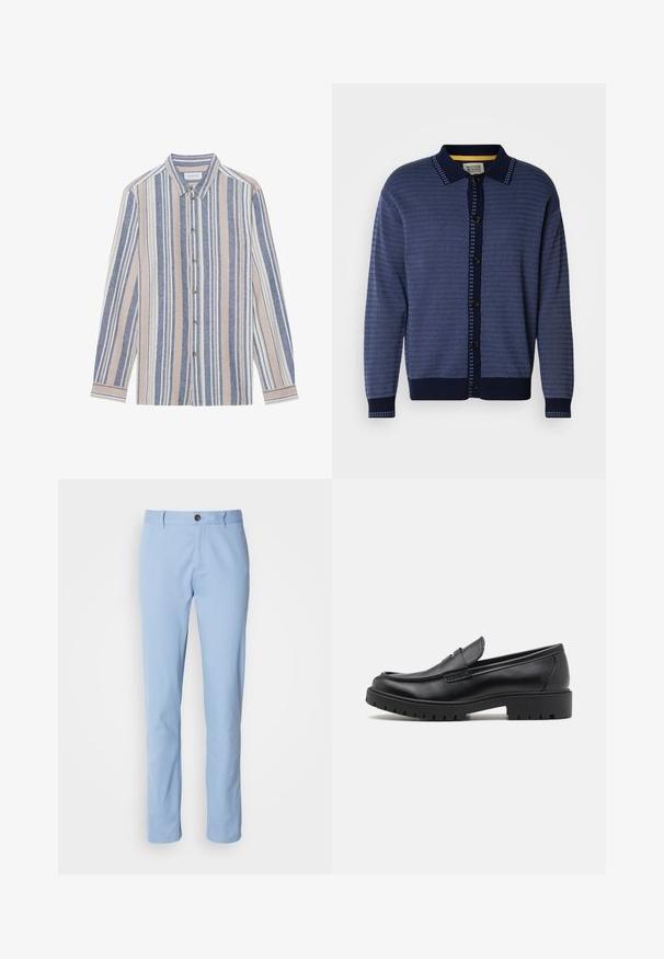 Cardigan en maille bleu marine avec un motif texturé, col, boutonnage à l'avant et accents contrastants le long de la patte de boutonnage et des poignets.; Chemise à manches longues avec un col, ornée de rayures verticales bleues, beiges et blanches. Fabriquée dans un tissu texturé, avec un col et des boutons en métal.; Chinos en coton bleu clair avec une coupe droite, dotés d'une fermeture à un bouton et de plis avant subtils.; Mocassins en cuir noir avec un bout arrondi, un design à enfiler et une semelle en caoutchouc épaisse avec une texture antidérapante. Talon surélevé et détails de surpiqûre subtils.