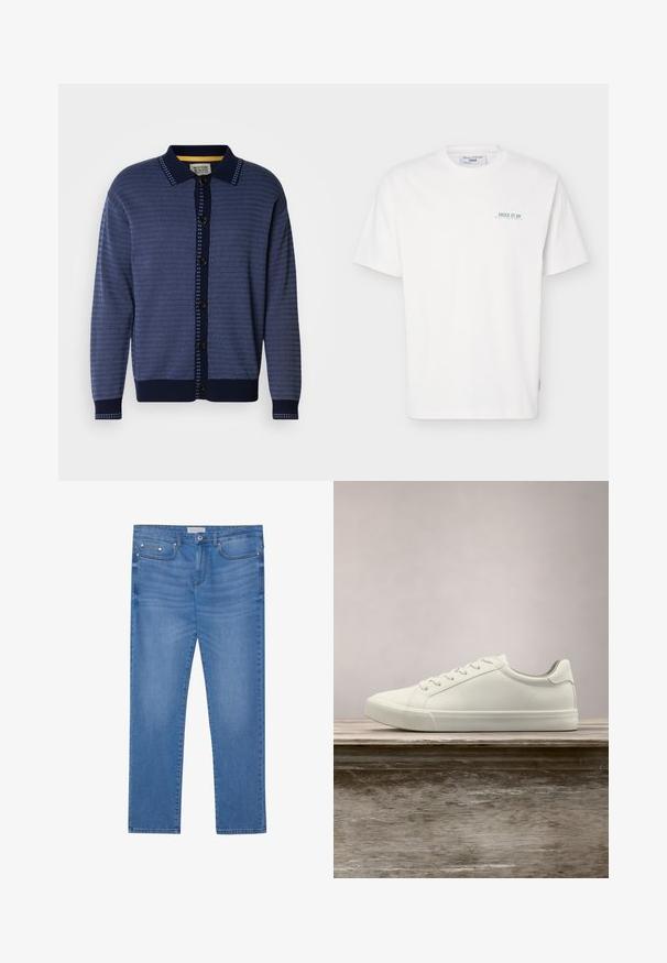 Marineblauwe gebreide cardigan met een gestructureerd patroon, kraag, knoopsluiting aan de voorkant en contrasterende accenten langs de knoopsluiting en manchetten.; Wit T-shirt met korte mouwen en ronde hals, met kleine groene tekst "JUICE IT UP Marc O'Polo Denim" op het linkerborstgebied.; Lichtblauwe spijkerbroek met een rechte pijp, vijf zakken, subtiele vervaging en metalen accenten op de taille en zakken.; Witte vetersneaker die boven een houten bank zweeft met groene bladeren op de achtergrond, waarbij het ontwerp en de textuur van de schoen worden getoond.