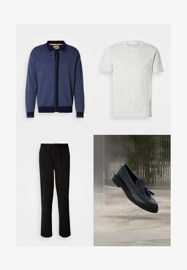Marineblå strikket cardigan med tekstureret mønster, krave, knaplukning foran og kontrasterende detaljer langs knapstolpe og manchetter.; Hvid bomulds t-shirt med korte ærmer, rund halsudskæring og et lille logo på brystet. Blød tekstur og en klassisk pasform. Ingen mønstre.; Sorte sweatpants med snor i taljen, lavet af blødt og strækbart stof. Har en afslappet pasform med lige ben og uden synlige lommer.; Sorte læderloafers med en glat tekstur, en rundet tå og dekorative kvaster foran. Fleksibel gummisål med lav hæl.