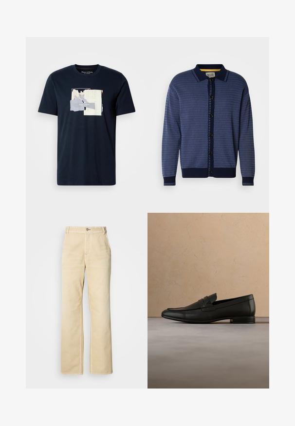 Marineblauwe gebreide cardigan met een gestructureerd patroon, kraag, knoopsluiting aan de voorkant en contrasterende accenten langs de knoopsluiting en manchetten.; Navyblauwe katoenen T-shirt met korte mouwen, voorzien van een gelaagde grafische print in lichte kleuren en tekst in het midden.; Khaki wijde broekspijpen gemaakt van zachte katoen, met een enkele knoopsluiting, steekzakken aan de voorkant en zichtbare stiksels langs de naden.; Zwarte leren loafer die zweeft boven een beige tapijt met een beige bank in een minimalistische binnenomgeving.