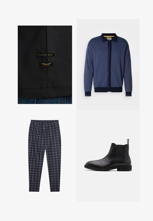 Marineblaue Strickjacke mit strukturiertem Muster, Kragen, durchgehender Knopfleiste und kontrastierenden Akzenten entlang der Blende und Manschetten.; Schwarzes Baumwoll-T-Shirt mit zwei Etiketten: "TYP N°: C-46" und "AMERICAN CLASSIC" in goldener Schrift und Wing-Grafik. Genähte Saumdetails.; Herren schwarze und graue karierte Hose mit einem Kordelzugbund, weichem Stoff, schmal zulaufenden Beinen und einem durchgängigen Karomuster.; Schwarze Leder-Chelsea-Stiefel mit elastischen Seitenteilen, runder Zehenpartie und einem niedrigen Blockabsatz. Mit einer Zuglasche hinten für einfaches Anziehen.