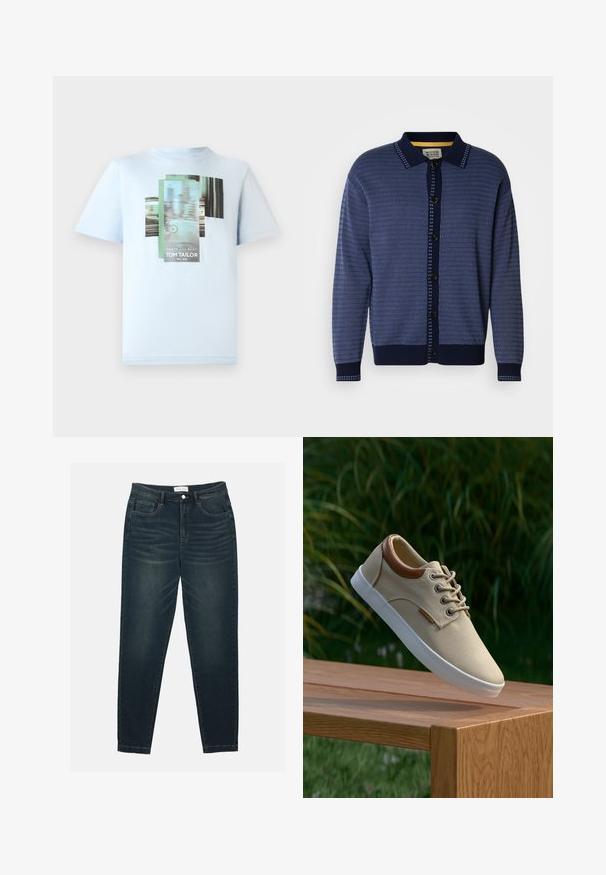 Marineblå strikket cardigan med tekstureret mønster, krave, knaplukning foran og kontrasterende detaljer langs knapstolpe og manchetter.; TOM TAILOR T-shirts print - light metal blue; Mørkeblå denimjeans med slim fit, der har lynlås, fem lommer og let falmning på lårene. Klassisk design med lige ben.; Beige lærredssneaker med brune læderdetaljer, runde snører, hvid gummisål og tekstureret overflade, vist på en træoverflade.