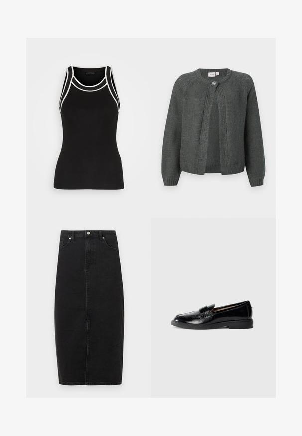 Cardigan en tricot gris foncé avec des manches longues et un bouton décoratif près du col rond, style ouvert à l'avant.; Débardeur noir à côtes avec des bordures blanches. Il présente un col rond et un design dos nageur. Fabriqué en tissu extensible pour plus de confort.; Jupe en denim noir à taille haute, longueur au genou, couture frontale et conception classique à cinq poches. Dotée d'un bouton métallique et d'une texture subtile.; Mocassin en cuir noir verni avec bout arrondi, talon bas, sangle décorative et semelle lisse sur un fond gris clair uni.