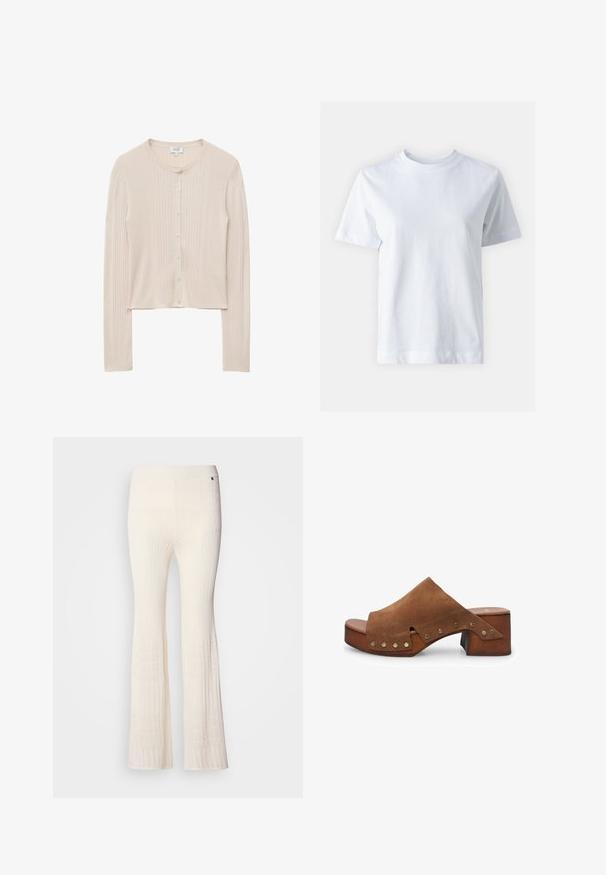 Kremfarvet ribstrikket langærmet cropped cardigan med rund halsudskæring og knaplukning foran.; Hvid bomulds t-shirt med rund halsudskæring, korte ærmer, lige snit og glat tekstur. Ingen mønstre eller dekorationer.; Ribbet, cremefarvede strikkede bukser med flagrende ben og et tekstureret blondermønster ved den nedre kant. Blødt materiale med et tætsiddende liv.; Brune ruskind hæl-sandal med en bred strop og udskæringsdetalje, prydet med messing-nagle accenter og en træblokhæl.