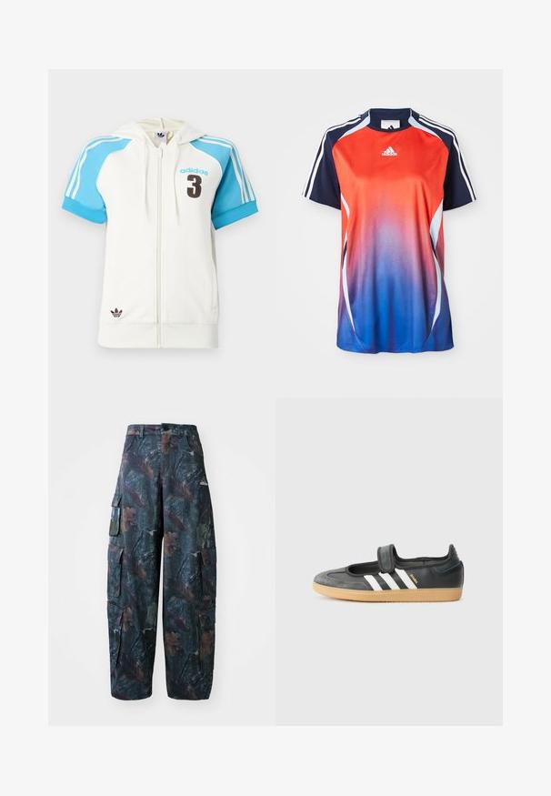 Biela mikina na zips s krátkymi modrými rukávmi, s logom "adidas" a číslom "3" v hnedej farbe. Prúžkované detaily na ramenách a kapucni.; Adidas športová košeľa s krátkym rukávom s gradientom od červenej po modrú, s námorníckymi akcentmi a bielymi pruhmi pozdĺž ramien.; Maskáčové cargo nohavice v tmavozeleno-hnedej farbe, s viacerými vreckami a voľným strihom, vyrobené z ľahkej a odolnej tkaniny.; Čierne kožené a zamšové tenisky s Velcro pásikom, s tromi bielymi pruhmi a gumenou podrážkou, označené nápisom "SAMBA" na boku.