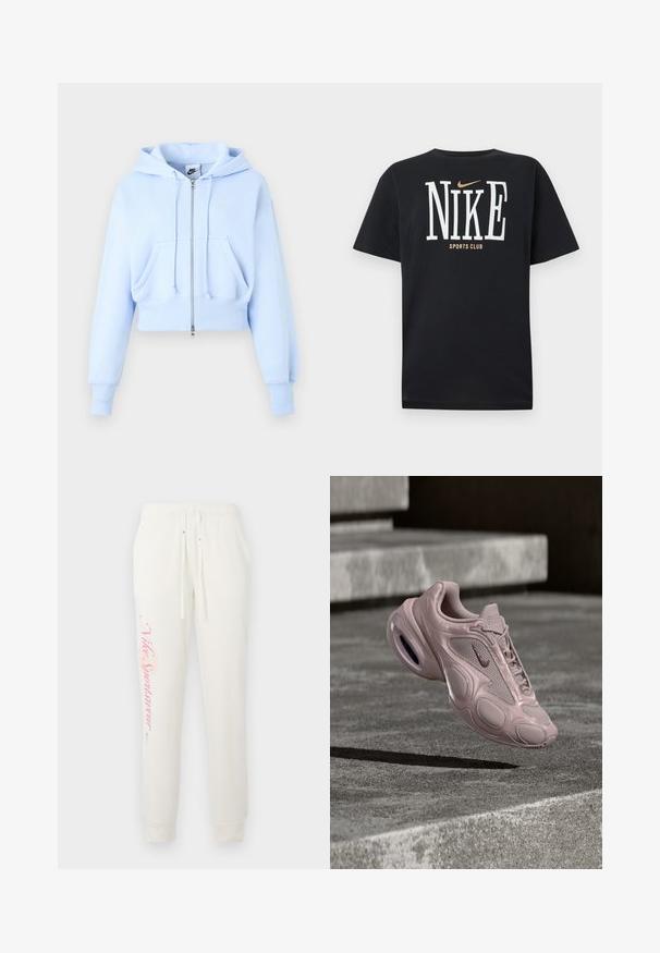 Sudadera con capucha y cremallera de Nike de color azul claro, con bolsillos delanteros, capucha con cordón, puños de canalé y pequeño logo Swoosh en el pecho.; Camiseta negra de manga corta de Nike con un gran texto blanco "NIKE", pequeño logo dorado de Nike swoosh arriba y texto "SPORTS CLUB" debajo del logo.; Pantalones de chándal blancos con un diseño ajustado, que presentan un logo rosa de "Nike Sportswear" en la pierna izquierda y una cintura elástica con cordones.; Zapatilla Nike en rosa claro, con parte superior de malla, suela redondeada y amortiguación visible. Textura suave con detalles en relieve.