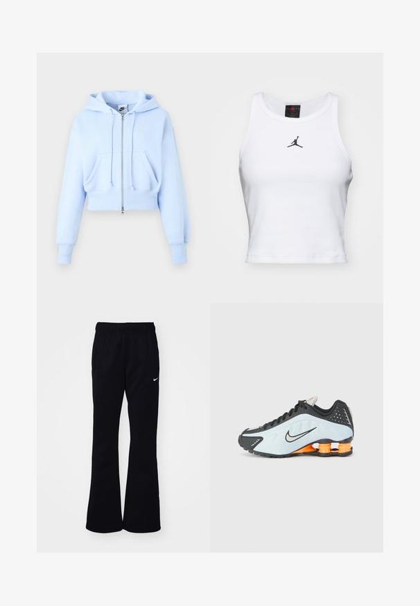 Lyseblå Nike hættetrøje med lynlås, frontlommer, snøre i hætten, ribkanter og et lille swoosh-logo på brystet.; Hvid cropped tanktop lavet af bomuld med ribbet tekstur. Har et sort Jordan-logo i midten og en klassisk rund halsudskæring.; Sorte sweatpants med elastisk talje, udvidede ben, to side lommer og et hvidt Nike-logo på venstre side.; Sort og lyseblå sportsko med rund tå, mesh- og syntetisk overdel, samt orange hælstøtte i et stødabsorberende design.