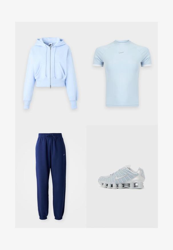 Lyseblå Nike hættetrøje med lynlås, frontlommer, snøre i hætten, ribkanter og et lille swoosh-logo på brystet.; Lyseblå atletisk t-shirt med korte ærmer lavet af glat stof. Har rund halsudskæring og subtilt Nike-logo på brystet med hvide detaljer.; Mørkeblå sweatpants lavet af blødt stof, med elastisk talje med snøre, elastiske manchetter og et lille hvidt logo.; Lysegrå atletiksko med segmenteret stødabsorberende sål og mesh-overdel, med en swoosh-logo på siden.