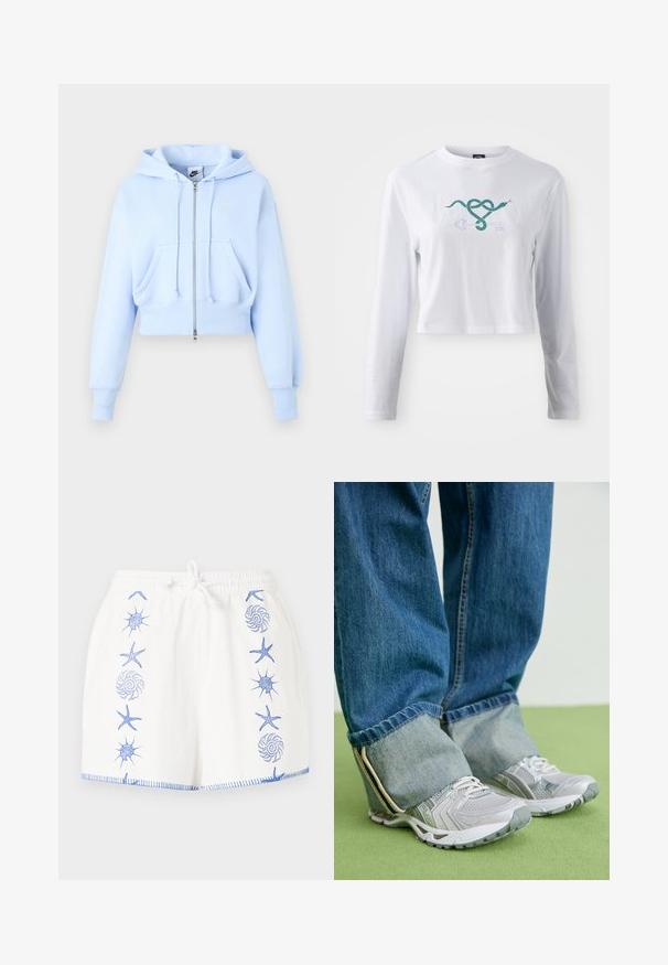 Sudadera con capucha y cremallera de Nike de color azul claro, con bolsillos delanteros, capucha con cordón, puños de canalé y pequeño logo Swoosh en el pecho.; Camiseta recortada de algodón de manga larga blanca, con un gráfico de una serpiente verde entrelazada con un diseño de llave en la parte frontal.; Shorts blancos con patrones bordados en azul de temática marina, incluyendo estrellas de mar y conchas, y una cuerda blanca en la cintura elástica ajustable.; Zapatillas deportivas grises con material de malla y acentos blancos, combinadas con jeans de denim azul que tienen los tobillos remangados.