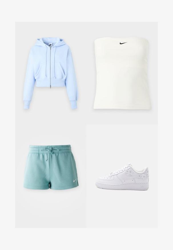 Hellblauer Nike Zip-Hoodie mit Fronttaschen, Kordelzugkapuze, gerippten Bündchen und kleinem Swoosh-Logo auf der Brust.; Weißes trägerloses Nike-Tubetop mit schwarzem Swoosh-Logo, das nahe der oberen Kante zentriert ist, vor einem schlichten hellen Hintergrund dargestellt.; Helle blaue Sportshorts mit elastischem Bund und Kordelzug, mit einem weißen Nike Swoosh-Logo am linken Bein.; Weißer Low-Top-Sneaker mit perforierter Zehe, Nike-Swoosh und dekorativen weißen Blumenakzenten an Ferse und Seite.