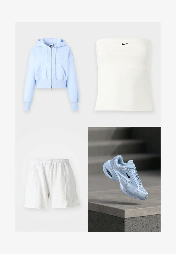 Vaaleansininen Nike vetoketjuhuppari, jossa etutaskut, kiristysköysillinen huppu, resorit hihansuissa ja pieni Swoosh-logo rinnassa.; Valkoinen olkaimeton Nike-putkityyppinen toppi, jossa musta swoosh-logo lähellä yläreunaa, esitetty yksinkertaisella vaalealla taustalla.; Harmaat urheilushortsit, jotka on valmistettu kevyestä kankaasta. Niissä on joustava vyötärö, ommeltuja yksityiskohtia ja pieni Logo vasemmalla alareunassa.; Vaaleansininen urheilukenkä, jossa on verkkokankaiset paneelit, pyöristetty siluetti, kuvioidut yksityiskohdat ja musta logo. Kengässä näkyvä ilmatyyny pohjassa.