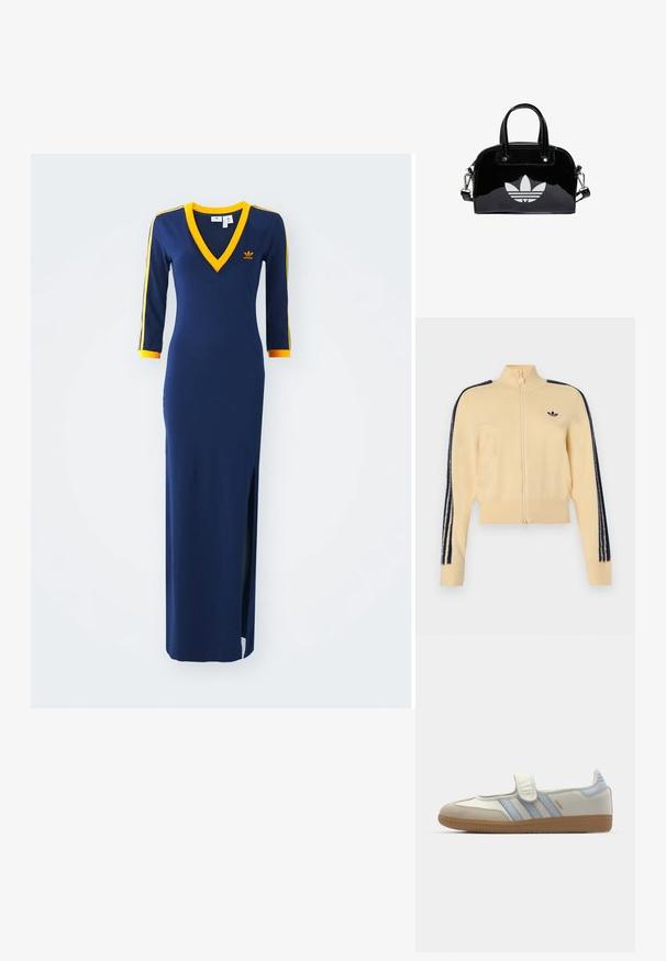 Beige trainingsjack met rits en hoge kraag, zwart Adidas trefoil-logo op de borst en drie zwarte strepen langs elke mouw.; Marineblauwe maxi-jurk met een V-hals, driekwart mouwen, gele accenten op de halslijn en de manchetten, en een zijsplit. Bevat een geborduurd logo.; adidas Originals SAMBA JANE BALLERINA - Ballerina's met enkelbandjes - cloud white/halo blue; Zwarte gepatenteerde leren handtas met een afgeronde vorm, dubbele handvaten bovenaan, zilveren accenten en een opvallend wit logo aan de voorkant.