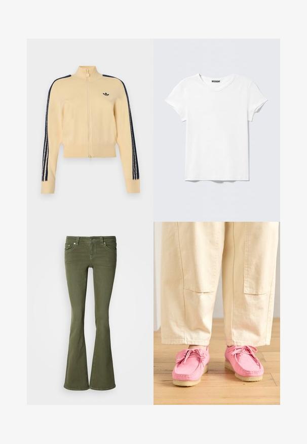 Beige trackjakke med lynlås og høj krave, sort Adidas trefoil-logo på brystet og tre sorte striber ned ad hver ærme.; Enkelt hvid T-shirt med korte ærmer og V-hals, med et lille "WEEKDAY" mærke indeni kraven, vist mod en lysegrå baggrund.; Olivengrønne, højtaljede, vidde jeans med forlommer, bæltestropper, knaplukning og synlige hvide syninger på hvid baggrund.; Lyserøde ruskinds mokkasiner med snørebånd, med en struktureret overflade og en lys beige gummisål, parret med beige bukser.
