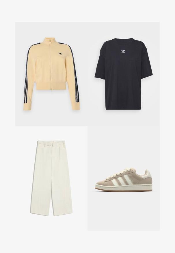 Béžová tréningová bunda na zips s vysokým golierom, čierne logo Adidas trefoil na hrudi a tri čierne pruhy na každom rukáve.; Čierne bavlnené tričko s krátkymi rukávmi, okrúhlym výstrihom, na hrudi s bielym logom Adidas. Jednoduchý dizajn, voľný strih.; Biele široké nohavice s vysokým pásom, pútkami na opasok, prednými vreckami a skrytým predným zapínaním, položené na bielom pozadí.; Hnedé semišové tenisky s bielymi koženými pruhmi a šnúrkami, gumová podrážka, polstrovaný golier a textúrované detaily na vrchnej strane.