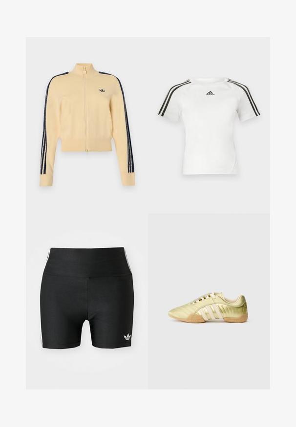 Beige Zip-up-Trainingsjacke mit hohem Kragen, schwarzem Adidas-Trefoil-Logo auf der Brust und drei schwarzen Streifen, die jeweils an den Ärmeln herunterlaufen.; Weißes kurzärmliges Sportshirt mit schwarzem Dreistrich-Design auf den Schultern, glatter Textur und kleinem schwarzen adidas-Logo auf der Brust.; Schwarze Sportshorts aus einem dehnbaren Stoff mit hoher Taille. Sie verfügen über weiße Seitenstreifen und ein kleines weißes Logo am Saum.; Limettengrüner synthetischer Sportschuh mit glatter Textur, ausgestattet mit drei weißen Streifen, einem weichen Innenfutter und einer strukturierten Gummisohle.