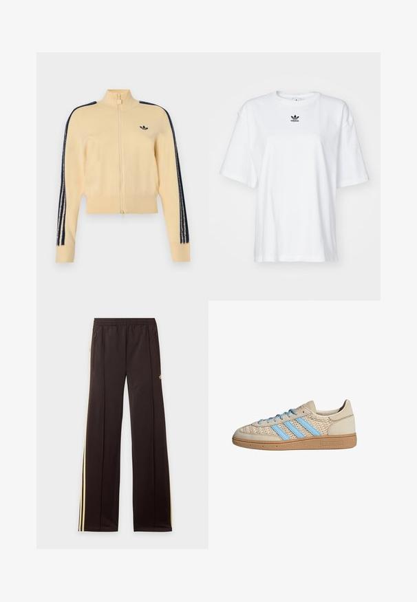 Beige värinen vetoketjullinen juoksutakki korkealla kauluksella, musta Adidas trefoil -logo rinnassa ja kolme mustaa raitaa jokaisessa hihassa.; Valkoinen lyhythihainen t-paita, joka on valmistettu puuvillasta. Siinä on pyöreä kaula-aukko ja pieni musta Adidas-logo rinnassa. Suora helma.; Mustat verkkarit keltaisilla sivuraitoisilla, joustavalla vyötäröllä, vetoketjullisilla sivutaskuilla ja pienellä logolla ylemmässä reisiosassa.; Beige lenkkarit, joissa on teksturoitu neulepinta, vaaleansiniset raidat ja ruskea kumipohja. Varustettu pyöreillä nauhoilla ja logotiedolla sivussa.