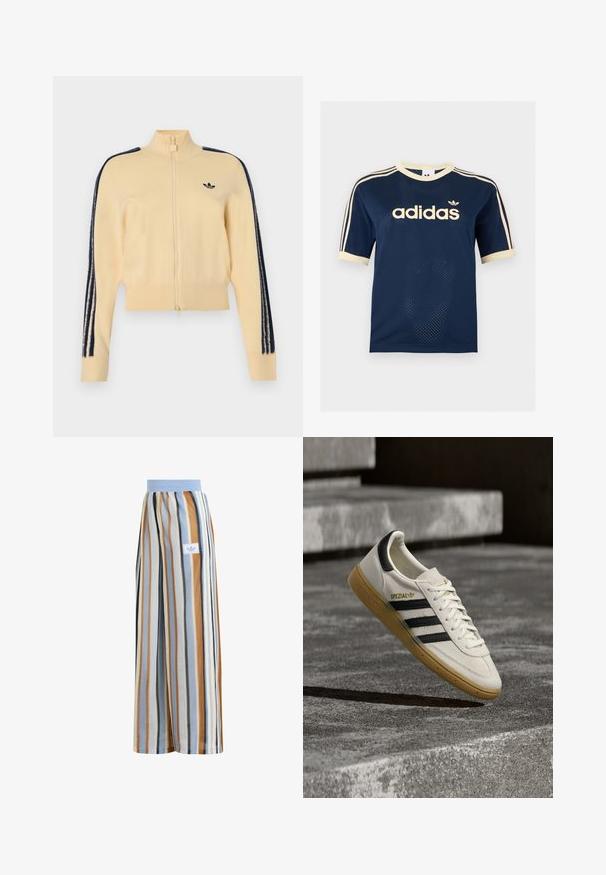 Smėlio spalvos striukė su užtrauktuku ir aukštu apykakle, juodas Adidas trefoil logotipas ant krūtinės ir trys juodos juostelės, einančios per kiekvieną rankovę.; Tamsiai mėlynas Adidas tinklinis marškinėlis su trumpomis rankovėmis, kreminiais apvadais, trimis kreminėmis juostelėmis ant rankovių ir Adidas logotipu ant krūtinės.; Platėjančios kelnės su vertikaliomis juostomis mėlynos, smėlinės, juodos ir baltos spalvos, šviesiai mėlyna juosmens juosta ir maža Adidas logotipo plokštelė.; Balta Adidas Spezial sportbačiai su juodomis juostelėmis ir guminėmis padais, sklandantys virš pilkų akmeninių laiptų lauke.