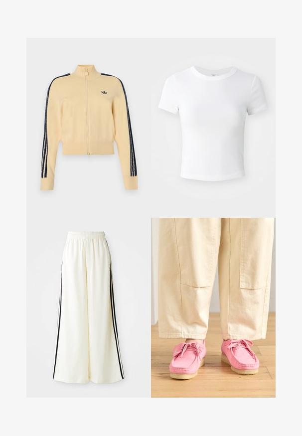 Beige trainingsjack met rits en hoge kraag, zwart Adidas trefoil-logo op de borst en drie zwarte strepen langs elke mouw.; Effen witte cropped t-shirt met korte mouwen en ronde hals, weergegeven op een neutrale lichte achtergrond.; Witte wijde broek met elastische tailleband en zwarte verticale strepen langs de buitennaad.; Roze suède moccasin-stijl schoenen met veters, voorzien van een gestructureerd oppervlak en een lichtbeige rubberen zool, gecombineerd met beige broek.