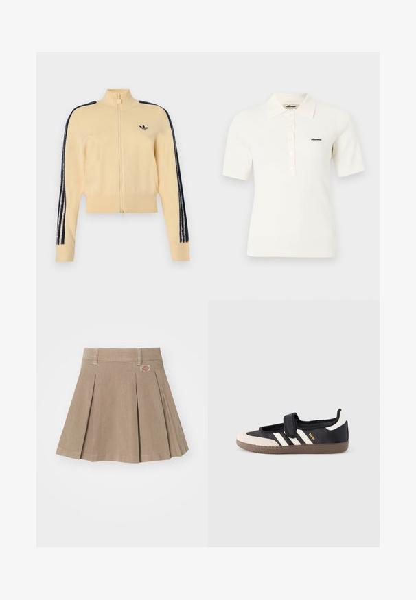 Beige trainingsjack met rits en hoge kraag, zwart Adidas trefoil-logo op de borst en drie zwarte strepen langs elke mouw.; Wit polohemd met korte mouwen en geribbelde stof, voorzien van kraag en knoopsluiting, met klein zwart "ellesse"-logo op de linkerborst.; Beige geplooide rok gemaakt van een gestructureerde stof. Voorzien van een tailleband met riemlussen en een logopatch aan de linkerzijde.; Zwart-beige sneaker met een klittenbandsluiting, drie witte strepen aan de zijkant en een getextureerde bruine rubberen zool. Merkembleem zichtbaar.