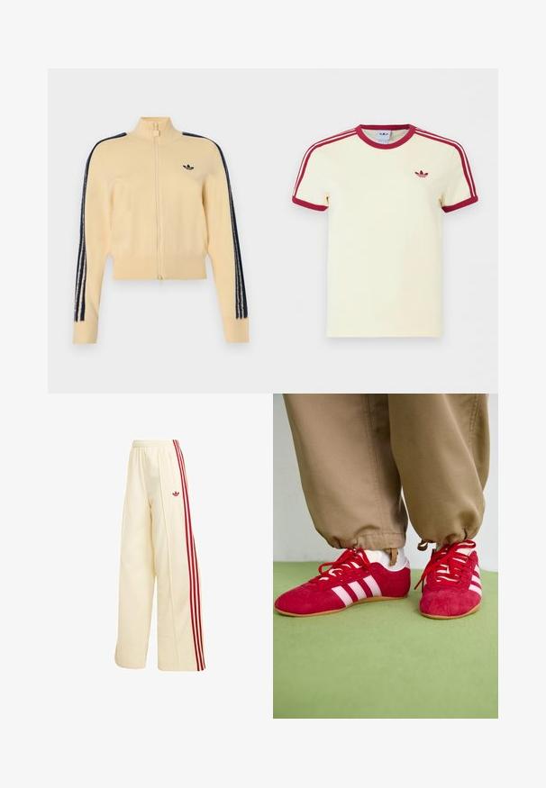 Chaqueta deportiva beige con cremallera y cuello alto, logo negro de Adidas trefoil en el pecho y tres franjas negras a lo largo de cada manga.; Camiseta Adidas de manga corta color crema con cuello y puños de manga acanalados en rojo, tres rayas rojas en los hombros y logo trefoil de Adidas en rojo en el pecho.; Pantalones deportivos de pierna ancha en color crema con rayas rojas en los laterales, cintura elástica, bolsillo con cremallera y logo rojo de Adidas en el muslo.; Zapatillas deportivas de ante rojo con rayas blancas, suela de goma plana y cordones rojos. Llevadas con pantalones beige, situadas sobre una superficie verde.