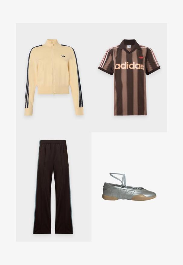 Béžová tréningová bunda na zips s vysokým golierom, čierne logo Adidas trefoil na hrudi a tri čierne pruhy na každom rukáve.; Hnedé prúžkované polo tričko Adidas s výstrihom do V, bordovým golierom a červeným logom. Má bielo-červené pruhy na ramenách a krátke rukávy.; Čierne široké teplákové nohavice s svetlomodrými bočnými pruhmi, elastickým pásom, vreckami na zips a logom Adidas na ľavom bedre.; Strieborná baletná balerína s béžovou gumovou podrážkou a viazaním okolo členka, navrhnutá pre ľahké pohodlie a pružné prispôsobenie.
