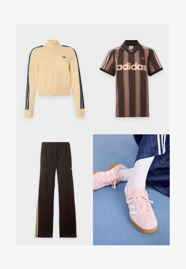 Veste de survêtement beige à fermeture éclair avec col montant, logo Adidas trèfle noir sur la poitrine et trois bandes noires le long de chaque manche.; Polo Adidas rayé marron avec col en V, col bordeaux, et logo rouge. Comprend des rayures blanches et rouges sur les épaules, manches courtes.; Pantalon de survêtement noir avec des bandes latérales jaunes, taille élastique, poches latérales zippées et un petit logo sur la partie supérieure de la cuisse.; Des sneakers en daim rose clair avec des rayures et des lacets blancs, dotés d'une languette texturée et d'une semelle en gomme, posées sur un tapis bleu.