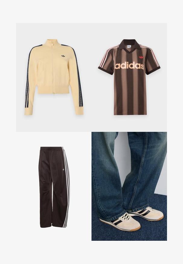 Beige Zip-up-Trainingsjacke mit hohem Kragen, schwarzem Adidas-Trefoil-Logo auf der Brust und drei schwarzen Streifen, die jeweils an den Ärmeln herunterlaufen.; Braunes gestreiftes Adidas-Poloshirt mit V-Ausschnitt, bordeauxrotem Kragen und rotem Logo. Mit weißen und roten Schulterstreifen, kurzen Ärmeln.; Schwarze Adidas Trainingshose mit weißen drei Streifen an den Seiten, elastischem Bund, seitlicher Reißverschlusstasche und Adidas-Logo am linken Bein.; Cremefarbene Sneaker mit schwarzen Streifen und Netzpaneelen, kombiniert mit blauen Jeans aus Denim mit einem verfärbten Finish und fransigem Saum.