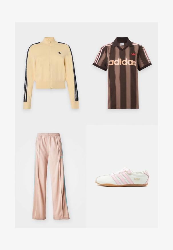 Beige trackjakke med lynlås og høj krave, sort Adidas trefoil-logo på brystet og tre sorte striber ned ad hver ærme.; Brunstribet Adidas polo-shirt med V-hals, bordeaux krave og rødt logo. Har hvide og røde skulderstriber samt korte ærmer.; Lyserøde sportspants med afslappet pasform, der har blå sidestriber og en snoretræk i taljen. Fremstillet af glat, letvægtsstof.; Hvid og pink Adidas Tokyo sneaker med tre pink striber, velcro rem og gummisål på en ensfarvet baggrund.