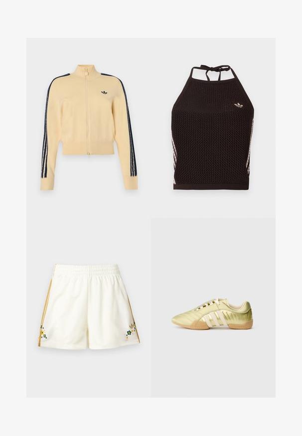Beige trainingsjack met rits en hoge kraag, zwart Adidas trefoil-logo op de borst en drie zwarte strepen langs elke mouw.; Zwarte mesh halter crop top met een textuurpatroon. Voorzien van roze accentstrepen en een klein logo aan de voorkant. Sluiting met strik aan de achterkant.; Roomkleurige sportkorte broek met gouden strepen aan de zijkanten en kleine geborduurde groene, gele en witte bloemen nabij de zoom aan beide zijden.; Synthetische sportschoen in limoengroen met een gladde textuur, voorzien van drie witte strepen, een zachte binnenvoering en een gestructureerde rubberen buitenzool.
