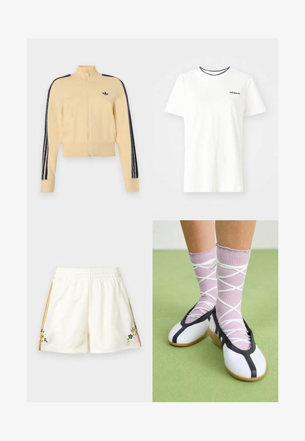 Bēšas rāvējslēdzēju sporta jaciņa ar augstu apkakli, melns Adidas trefoil logotips uz krūtīm un trīs melnas svītras, kas tek pa katru piedurkni.; Balta kokvilnas T-krekls ar īsām piedurknēm un apļveida kakla izgriezumu. Piedāvā melnu Adidas logotipu uz krūtīm un kontrastējošu melnu iekšējo apkakli.; Krēmkrāsas sporta šorti ar zelta sānu svītrām un mazām izšūtām zaļām, dzeltenām un baltām puķēm pie apakšmala abās pusēs.; Kājas valkā violetas ribotas zeķes ar baltām krusteniskām siksnām, kombinētas ar baltām baleta kurpēm ar melnu apmali uz zaļa grīdas.