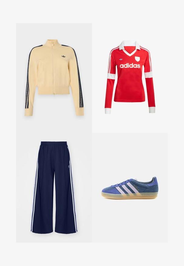 Beige trainingsjack met rits en hoge kraag, zwart Adidas trefoil-logo op de borst en drie zwarte strepen langs elke mouw.; Rode lange mouwen voetbalshirt met een witte kraag en manchetten. Heeft drie witte strepen op de schouders en het "adidas" logo prominent weergegeven.; adidas Originals PANT - Trainingsbroek - night indigo; Low-top sneaker in blauw suède met witte getextureerde strepen, doorschijnende rubberen zool en gouden "BAYRE"-branding aan de zijkant.