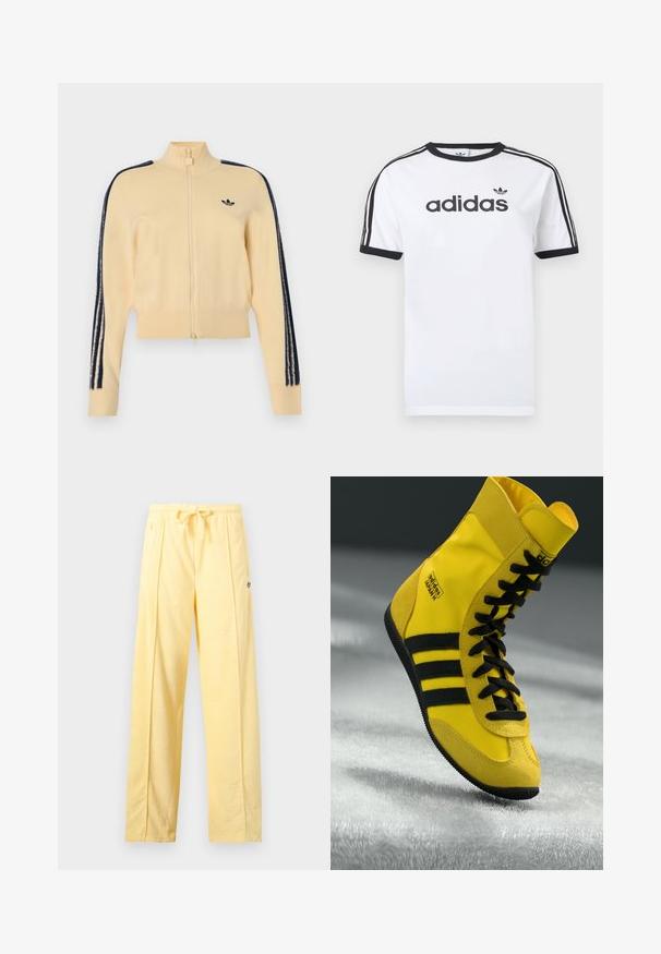 Beige trackjakke med lynlås og høj krave, sort Adidas trefoil-logo på brystet og tre sorte striber ned ad hver ærme.; Hvid bomulds-T-shirt med sorte detaljer, har rundt halsudskæring, korte ærmer, tre sorte striber på skuldrene og adidas-logo i sort.; Gule løse bukser med snøre i taljen og lille Adidas-logo på højre lår, vist på ensartet lys baggrund.; Høje sneakers lavet af gult syntetisk materiale, der har sorte snørebånd, tre sorte striber og branding på siden. Struktureret gummisål.