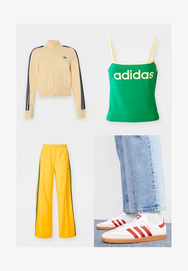 Chaqueta deportiva beige con cremallera y cuello alto, logo negro de Adidas trefoil en el pecho y tres franjas negras a lo largo de cada manga.; Top verde con detalles amarillos, hecho de material elástico. Presenta un gran logo de "adidas" amarillo en el frente y tirantes delgados.; Pantalones deportivos amarillos de pierna ancha, con stripes verdes en los laterales y un pequeño logo en la cadera izquierda. Cintura elástica para mayor comodidad.; Zapatillas de cuero blancas con rayas y detalles rojos. Cuentan con una suela de goma texturizada y un collar acolchado. Llevadas con denim azul claro.