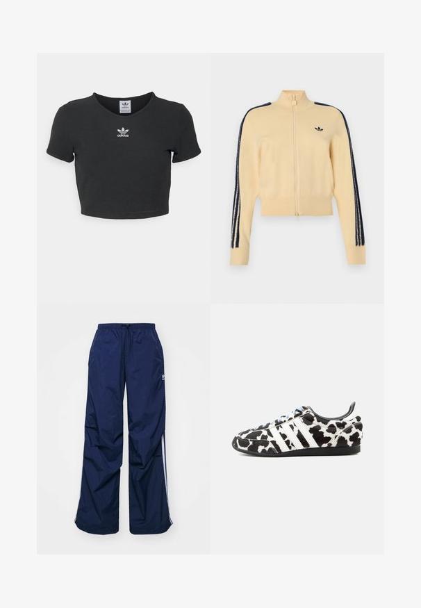 Beige trainingsjack met rits en hoge kraag, zwart Adidas trefoil-logo op de borst en drie zwarte strepen langs elke mouw.; Zwart cropped t-shirt van katoen, met een ronde hals en korte mouwen. In het midden bevindt zich een witte geborduurde Adidas-logo.; Navyblauwe, lichtgewicht broek met elastische taille en trekkoord, voorzien van witte zijstrepen en een klein logo aan de voorkant. Losse pasvorm.; Lage sneaker met zwart-wit koeienprint bontpatroon, witte zijstrepen, zwarte zool en witte veters op een grijze achtergrond.