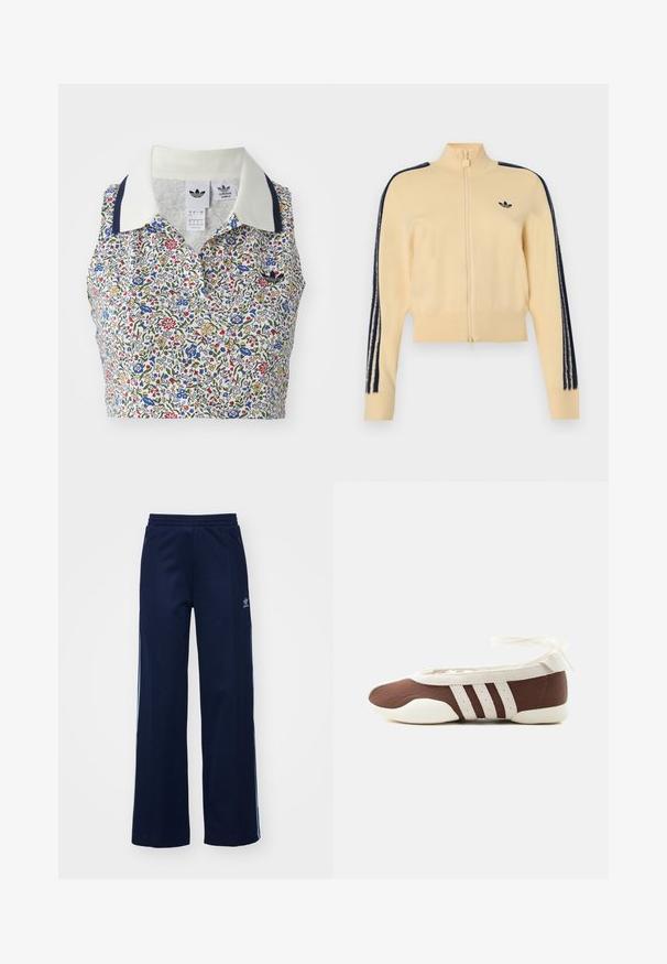 Béžová tréningová bunda na zips s vysokým golierom, čierne logo Adidas trefoil na hrudi a tri čierne pruhy na každom rukáve.; Kvetinový crop top s bielym základom, na ktorom sú modré, červené a žlté kvety. Obsahuje biely golier s námorníckymi akcentmi a vyšívané logo.; Námornícke nohavice z bavlneného zmesi s širokým strihom, elastickým pásom a zipsovými vreckami, s bielymi bočnými pruhmi a detailom loga.; Hnedá a biela baletná balerína s tromi bielymi pruhmi a mašľou na zviazanie okolo členku na jednoduchom svetlom pozadí.
