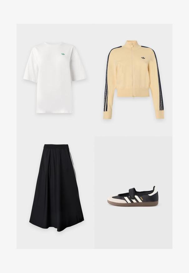 Béžová tréningová bunda na zips s vysokým golierom, čierne logo Adidas trefoil na hrudi a tri čierne pruhy na každom rukáve.; Biela tričko vyrobené z bavlny, s krátkymi rukávmi a okrúhlym výstrihom. Malé zelené logo je umiestnené na ľavej strane hrudníka.; Čierne nohavice s širokými nohavicami, elastickým pásom a bielymi bočnými pruhmi, zobrazené na jednoduchom bielom pozadí.; Čierna a béžová teniska s pásikom na suchý zips, tromi bielymi pruhmi na boku a štruktúrovanou hnedou gumovou podrážkou. Viditeľné logo značky.