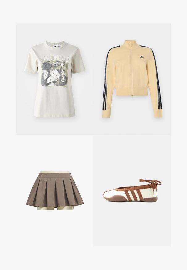 Beige trainingsjack met rits en hoge kraag, zwart Adidas trefoil-logo op de borst en drie zwarte strepen langs elke mouw.; Beige katoenen t-shirt met een ronde hals. Voorzien van een grafische print met personages en tekst uit "Buffy", in zwart en grijstinten.; Bruine geplooide tennisrok met ingebouwde beige short eronder, weergegeven op een witte achtergrond.; Slanke beige en bruine ballerinaschoen met ronde neus, drie zijstrepen, zachte zool en enkelstriksluiting tegen een effen witte achtergrond.