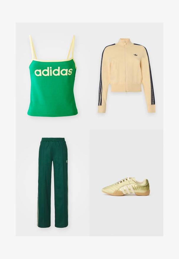 Beež värvi lukuga spordijakk kõrge kraega, must Adidas trèfoil logo rinnal ja kolm musta triipu igal varrukal.; Roheline sporditop, millel on kollased detaljid ja mis on tehtud venivast materjalist. Esiosas on suur kollane "adidas" logo ja õhukesed rihmad.; Tumed roheline sportlikud püksid, mis on lõdvema lõikega, koos paelaga vöökohas, küljetaskute ja kreemjate triipudega külgedel.; Lime rohelised sünteetilisest materjalist spordijalats, millel on sile pind, kolm valget triipu, pehme sisemine vooder ja tekstuuriga kummist välistald.