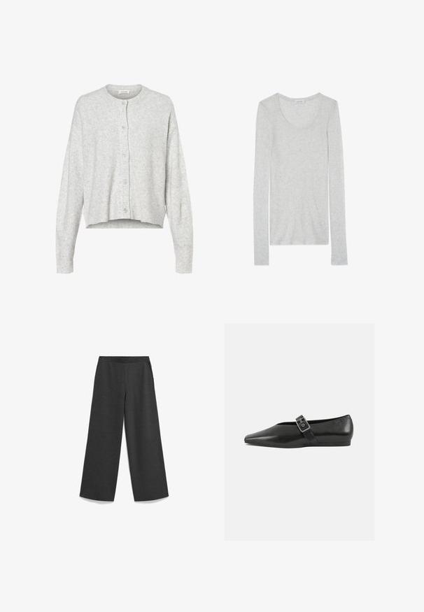 Hellgraue Strickjacke aus weichem Material, mit Rundhalsausschnitt, langen Ärmeln und fünf Knopfverschlüssen an der Vorderseite. Kurzer Saum.; Langärmliges, hellgraues T-Shirt aus weichem Stoff mit U-Boot-Ausschnitt und schmaler Passform. Hat eine minimale Textur und keine Muster.; Weite Hose in Dunkelgrau, aus weichem Stoff, mit elastischem Bund und seitlichen Taschen für Funktionalität.; Schwarze Lederflachschuhe mit spitzem Zehenbereich, ausgestattet mit einem metallischen Riemen über dem Spann und einer niedrigen, flexiblen Sohle.