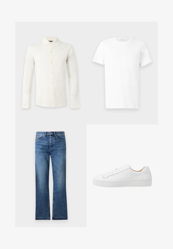 Langærmet hvid skjorte med knapper, klassisk krave, minimalistisk design og lille broderet logo på venstre bryst.; Hvid kortærmet bomulds-T-shirt med rund hals, vist fladt på en lys grå baggrund.; Blå denimjeans med lige pasform, fem lommer, knap- og lynlåslukning samt diskret falmning på lår og knæ.; Hvide lædersneakers med en glat overflade, afrundet tå, flad snørebåndsdesign og en tyk gummisål med et struktureret grebmønster.