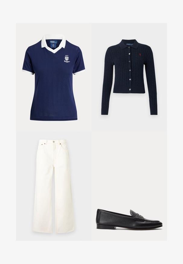 Cardigan bleu marine en maille torsadée, avec col, boutonné sur le devant, manches longues et petit logo rouge brodé sur la poitrine gauche.; Polo bleu marine à manches courtes avec col et poignets blancs, logo Wimbledon 1877 sur la poitrine gauche, par Polo Ralph Lauren.; Jean blanc taille haute à jambes larges, avec bouton et fermeture éclair à l'avant, design cinq poches et détails en rivets en cuivre.; Mocassin en cuir texturé noir avec petit talon et détail classique de bride à pièce, présenté de profil sur un fond clair uni.