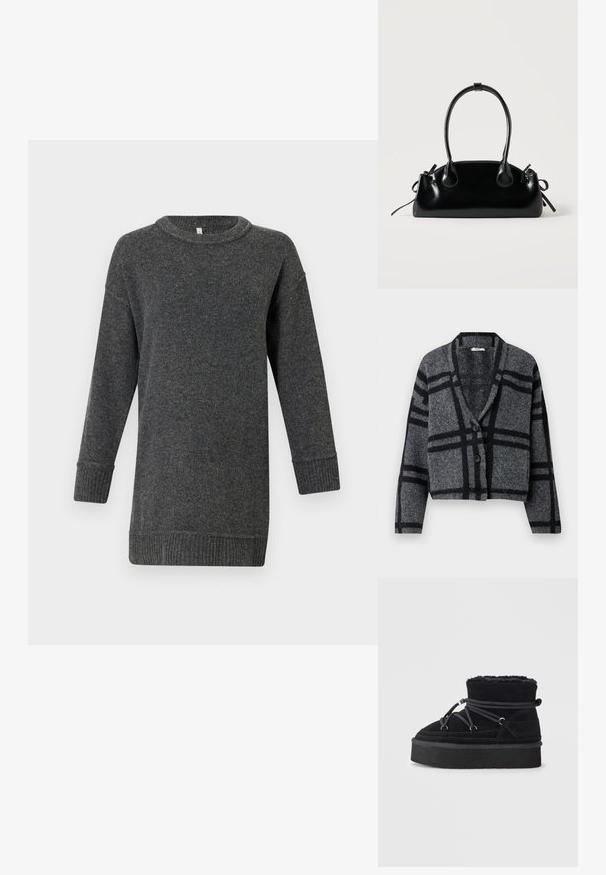 Cardigan cropped gris foncé en laine douce, avec un motif à carreaux noirs, un col châle et deux boutons noirs à l'avant.; Pull en laine à manches longues gris foncé, avec des poignets et un ourlet côtelés, un col rond et une coupe décontractée.; Bottines en suède noir avec une doublure en peluche, bout rond et semelle épaisse. Équipées d'un système de lacets gris avec des accents métalliques.; Petit sac à main noir brillant avec deux longues anses et des détails à cordon sur les côtés sur un fond clair uni.