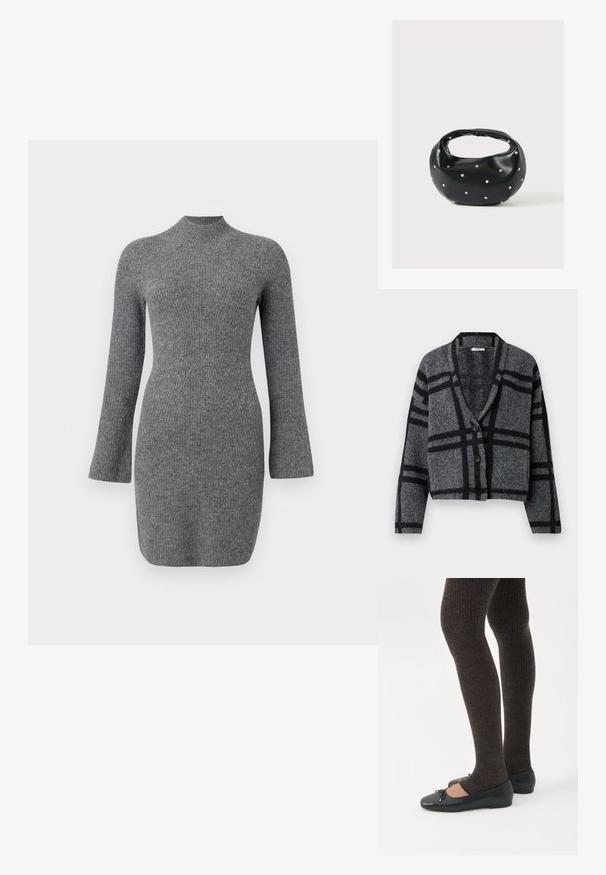 Cardigan cropped gris foncé en laine douce, avec un motif à carreaux noirs, un col châle et deux boutons noirs à l'avant.; Robe grise tricotée avec un col haut, des manches longues et une silhouette ajustée. Présente une texture en côtes verticales. Ourlet court.; Jambes portant des leggings côtelés foncés associés à des ballerines noires avec de petits détails en nœud sur fond blanc.; Sac à main en cuir noir de forme arrondie, décoré de clous argentés et équipé d'une poignée courte. Texture lisse et fermeture éclair.