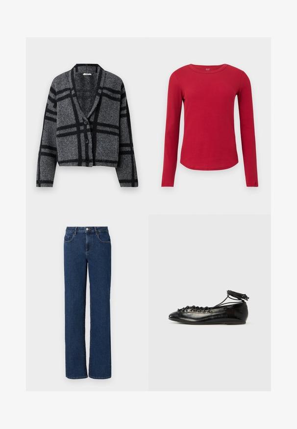 Mørkegrå cropped cardigan lavet af blød uld, med et sort ternet mønster, sjalskrave og to sorte knapper fortil.; Langærmet rød ribstrikket bluse med rund hals, buet skørt, tætsiddende silhuet og GAP-mærke inde i kraven.; Mørkeblå denim jeans med lige ben, fem lommer, knap- og lynlåslukning samt kontrastsyninger langs sømmene.; Sorte balletflade sko i laklæder med rundet tå, snørelukning og flad sål. Glat tekstur med få detaljer.
