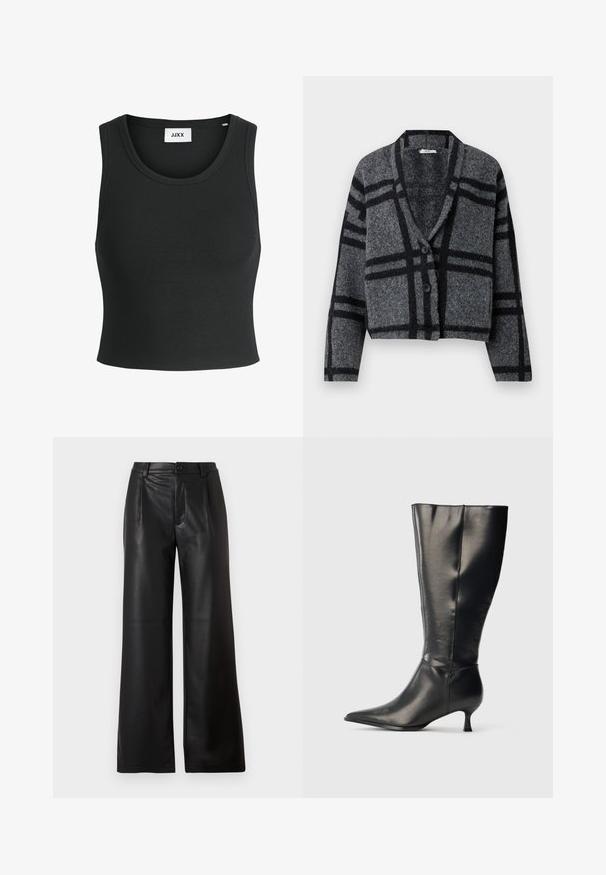 Dunkelgraue, verkürzte Strickjacke aus weicher Wolle, mit einem schwarzen Karomuster, einem Schalkragen und zwei schwarzen Knöpfen auf der Vorderseite.; Schwarzes, geripptes Tanktop mit rundem Halsausschnitt und ärmellosem Design; aus einem weichen, dehnbaren Stoff für Komfort und Passform.; Schwarze weitem Hosen aus glattem Leder mit einem vorderen Knopfverschluss und zwei schrägen Taschen an den Vorderseiten.; Schwarzer kniehoher Lederstiefel mit spitzer Zehenpartie und niedrigem Kittenabsatz, präsentiert vor einem schlichten hellen Hintergrund.