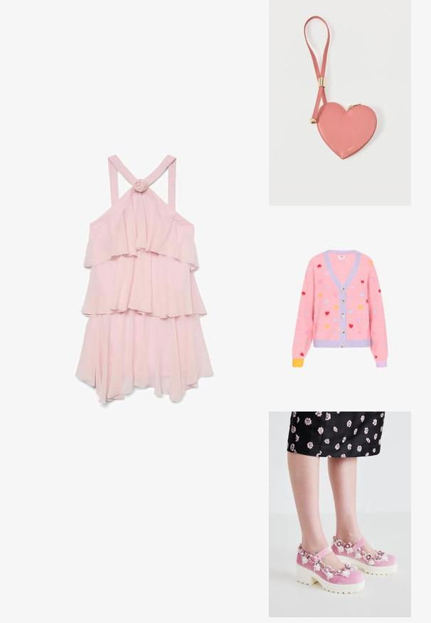 Lyserød cardigan med v-hals, lilla kant og flerfarvede hjerteformede mønstre. Har fem knapper og ribbede manchetter.; Lys rosa ærmeløs kjole med lagdelte flæser, prydet med en roseaccent bagpå og krydsede stropper, lavet af letvægtsstof.; Lyserøde fløjl Mary Jane-sko med hvide platformssåler, pyntet med blomsterapplikationer og blonder omkring åbningen og ankelremmen.; Lyserød hjerteformet lædermøntpose med håndledsrem og guldlås, mærket med lille gyldent "Furla"-tekst.