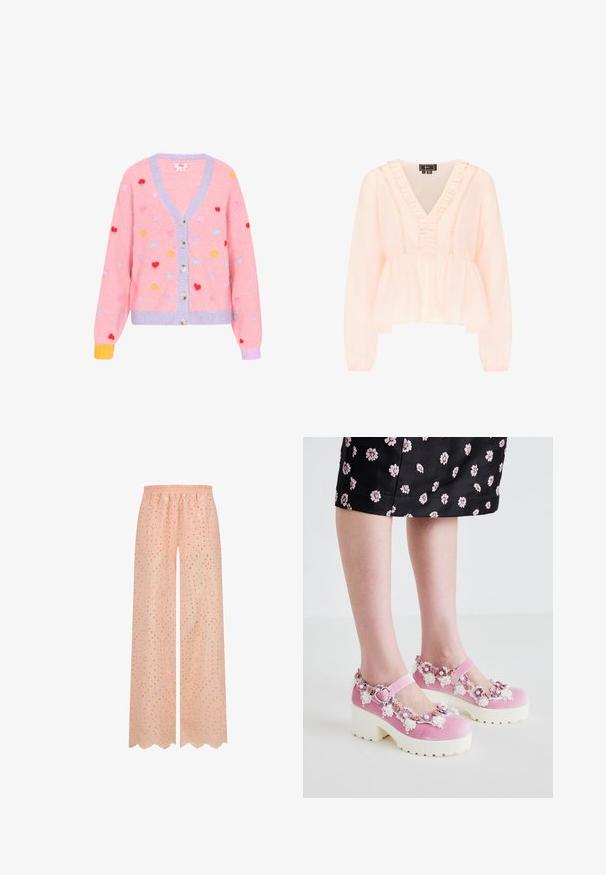 Roze cardigan met een v-hals, paarse afwerking en veelkleurige hartvormige patronen. Heeft vijf knopen en geribbelde mouwen.; Lichtroze blouse met lange mouwen, gerimpelde V-hals, kanten details en een aangezette taille die een peplum zoom creëert.; Lichtroze wijde broek met een elastische tailleband, voorzien van een decoratief geborduurd patroon en uitsnijdingen in de stof.; Roze fluwelen Mary Jane-schoenen met witte platformzolen, versierd met bloemapplicaties en kantdetails rondom de opening en de enkelband.